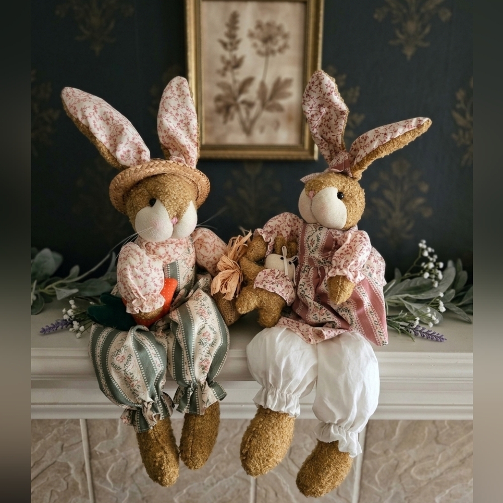 Vintage-Style Fabric Easter Bunny Set - Shelf Sitters